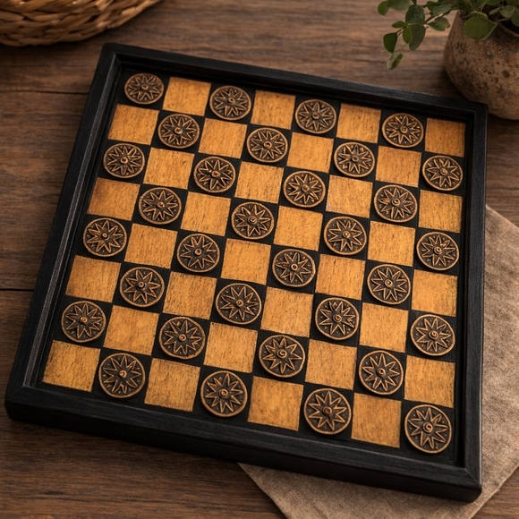 Other - Vintage Vietnamese Hand-Carved Bone Inlay Chess / Checker Board – 13x13in